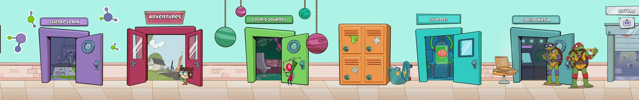 The Nick Academy corridor: every door is a subject world, from Science Spark to Cosmic Journey to Coding Ninja