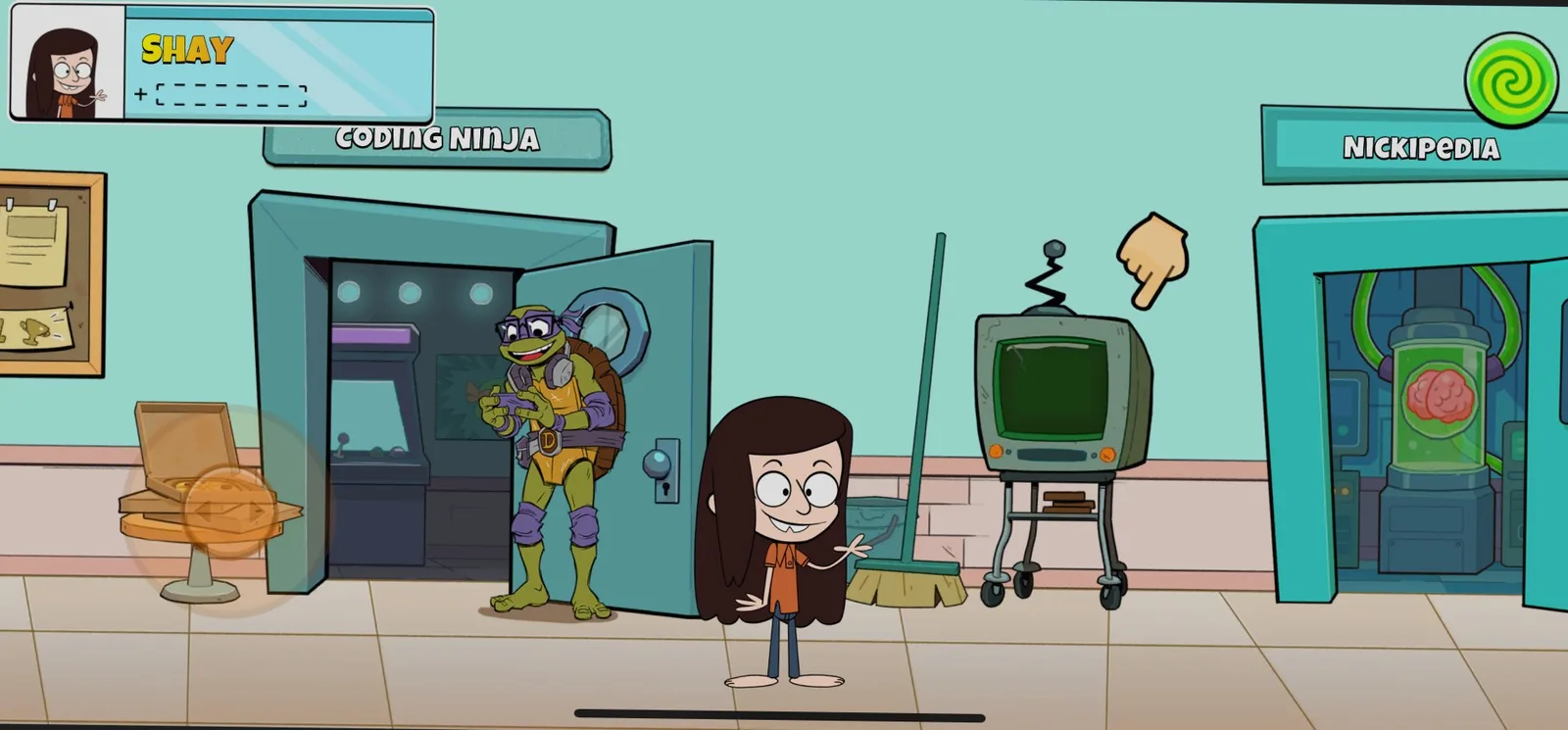 The Nick Academy hub: a hallway of learning doors with Donnie from TMNT and a student avatar