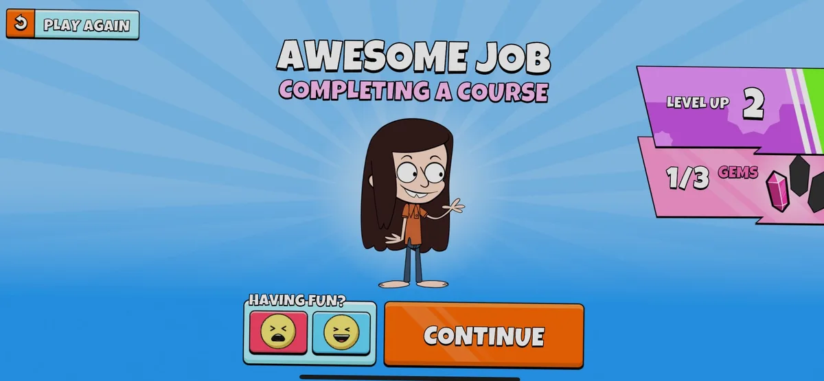 Level up screen: Awesome job completing a course