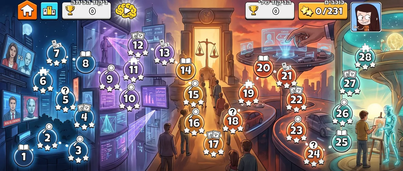AI and ethics themed map with screens, scales of justice and robots