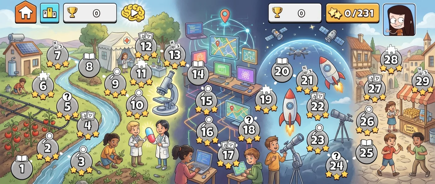 Space and innovation themed map with a rocket, satellites and a telescope